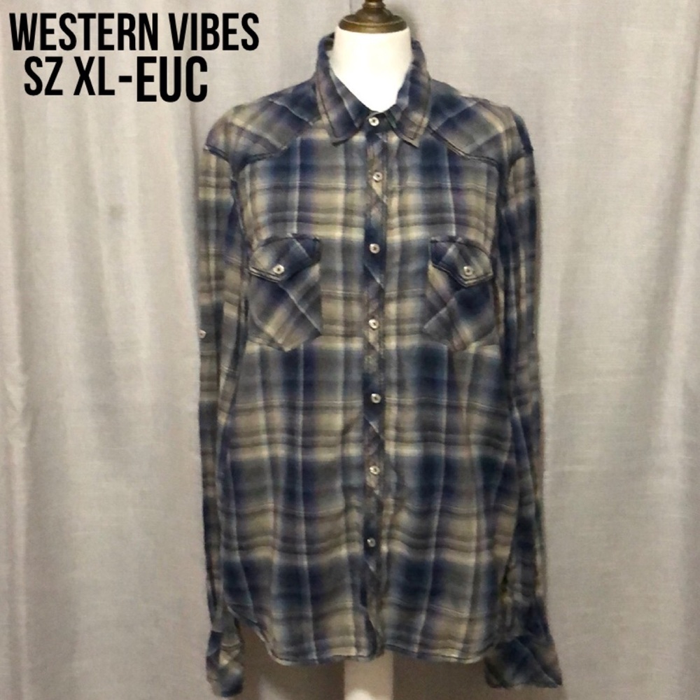 EUC Rare Vintage Brand ButtonUp Shirt-Sz XL-Cotton-Western Vibes-Blue Tones
